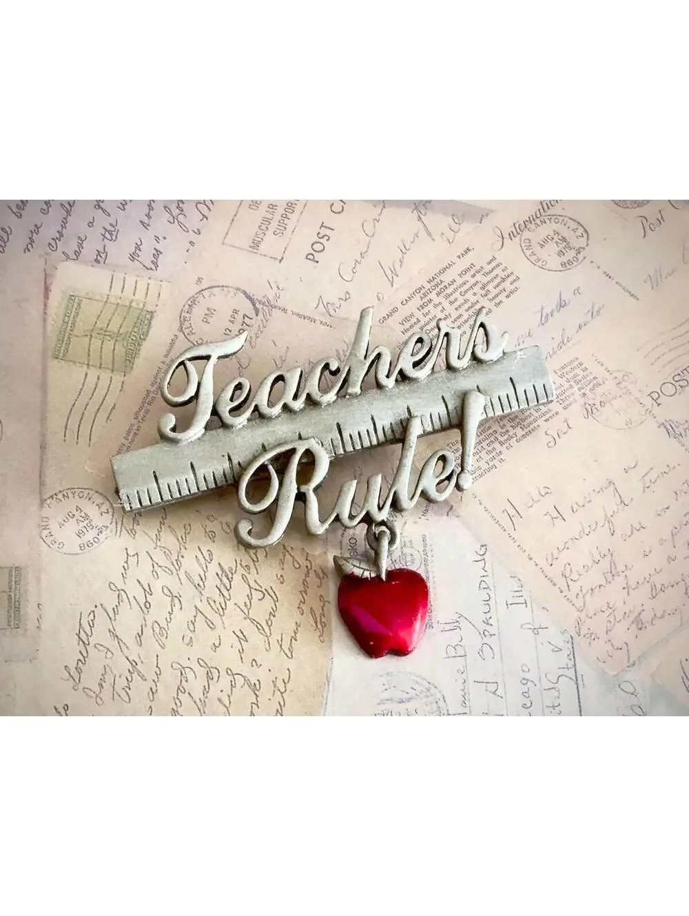 Vintage “Teachers Rule!” Apple Charm Brooch – Signed Silver Tone Jewelry